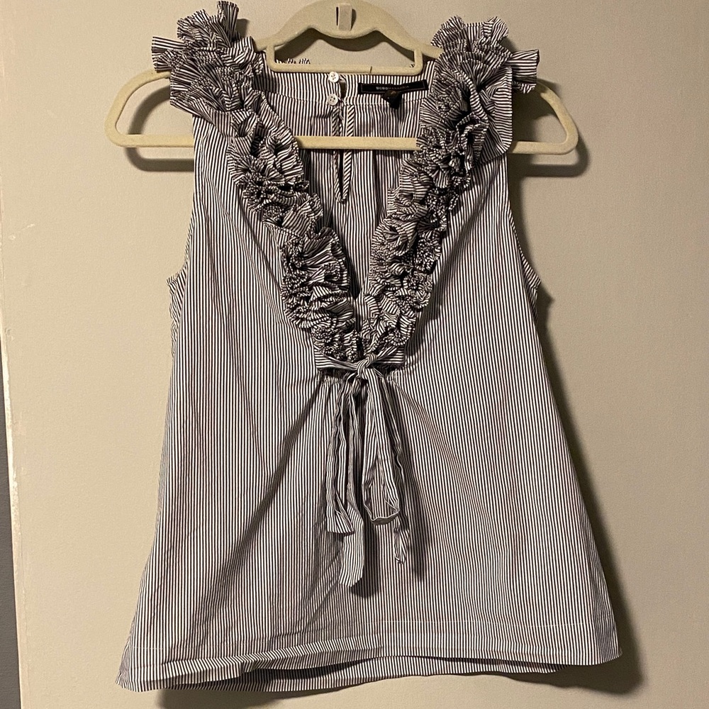 BCBGMaxAzria Gray and White Ruffle Blouse